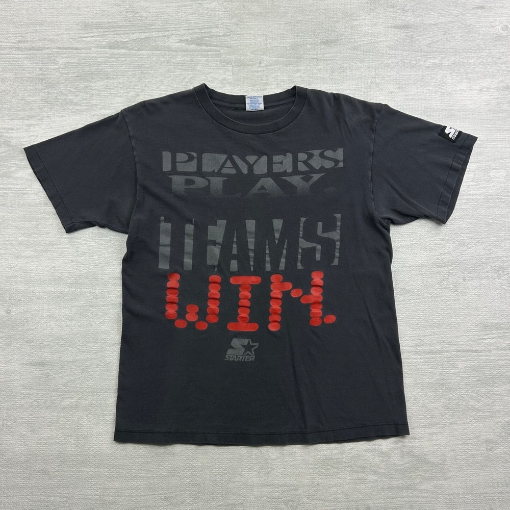 Vintage 90s Starter Players Play Teams Win Shirt Size Medium Black Sports Saying